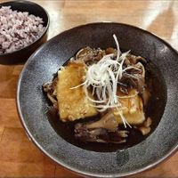 Wild mushroom soup with fried tofu and local rice 900¥ at Hakko in Hirao