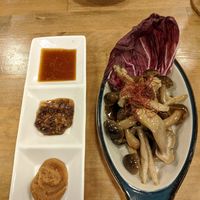 Mushroom salad, vegetarian firendly, on main menu. Black bean ferment, miso, mushroom soya sauce vinegar dips at Hakko in Hirao