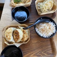 Fried dumplings and sesame flavored rice. Steamed dumplings and steamed vegetables.  at Mo Mo - Saint-Gilles in Brussels