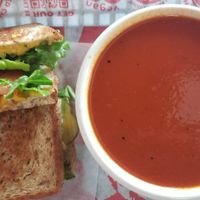 Rye vegan sandwich and vegan tomato soup at Tom + Chee in Katy