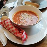 Lovely tomato soup with a vegan 'worstenbroodje' at Pleiade in Tilburg
