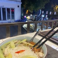 Noodle soup, watermelon juice and quiet view of street all very nice.  at The Veg - Organic Vego and Tea in Hanoi