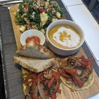 Combo 2: Avo walnut salad, pumpkin soup, toast, mini pizzas (without the vegan cheese due to allergens) at The Veg - Organic Vego and Tea in Hanoi