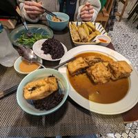 Tofu stuffed with veg, sticky red rice, spring rolls, sweet potato chips at The Veg - Organic Vego and Tea in Hanoi