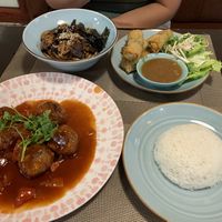 Vegan meatballs, black bean noodles and hanoi fried spring rolls  at The Veg - Organic Vego and Tea in Hanoi