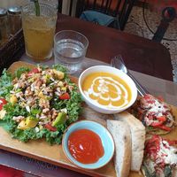 The European combo (avo kale salad, pumpkin soup, mini pizzas) at The Veg - Organic Vego and Tea in Hanoi