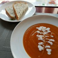 Vegan soup with bread at The Veg - Organic Vego and Tea in Hanoi