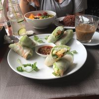Fresh fruit spring rolls and iced coffee  at The Veg - Organic Vego and Tea in Hanoi