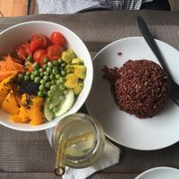 Salad bowl and fresh, sugarfree lemonade  at The Veg - Organic Vego and Tea in Hanoi