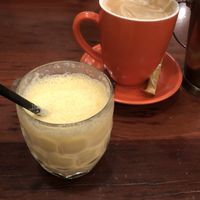 Honeycomb flavoured vegan Swiss mountain malt + oat milk latte   at The Pancake Parlour - Melbourne Central in Melbourne