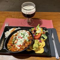 Vegan Chili with Belgian beer (Chimey Bleue)  at La Esterella in Lagos