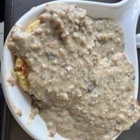 Vegan biscuits and gravy tastes better than it looks   at MidMod Cafe in Palm Springs