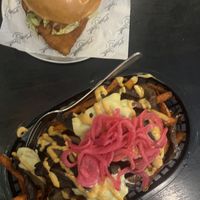 Vegan Loaded fries and vegan burger  at Main Street Burger Bar in Byron Bay