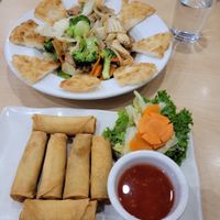 Perfect spring rolls and fried noodles with veggies and "chicken". at Happy Veggie in Redondo Beach