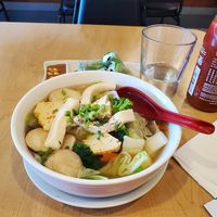 Vegetable soup. Broth, carrots, broccoli , bok choy, zucchini, tofu, and protein at Happy Veggie in Redondo Beach