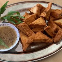 Best fried tofu I’ve ever had with a black pepper and salt in lemon juice dipping sauce at Happy Veggie in Redondo Beach