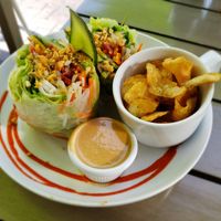 Summer Roll....the drizzle was wonderfully spicy, lots of crunchy vegetables and amazing homemade potato crisps. at Wild Root Cafe in Boise