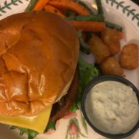 Mushroom Swiss burger (vegan style with vegan cheese and impossible burger) served with Veggie Frites and Vegan Basil Jalapeno Sauce (and a few tots from the other meal).  at Clocked in Athens