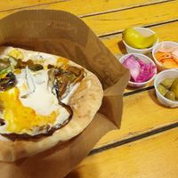 Vegan Sabich with mushrooms, eggplant, loads of other fabulous toppings. The pickled veg are a nice touch!  at Aricha in Jerusalem