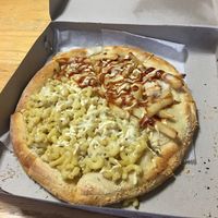 vegan half mac and cheese, half cheesy french fry personal pizza at Little Nook Cafe in West Sayville