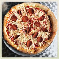 Vegan personal pizza, with vegan ‘pepperoni’.  at Little Nook Cafe in West Sayville