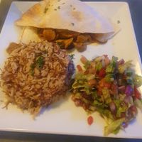 (On the Lebanese cuisine menu) vegan Sharwarma comes with Fattoush (salad) and rice at Ilili in Tenerife