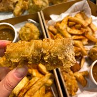 Battered sausage in the vegan box  at Ranmoor Friery in Sheffield