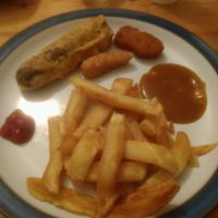 vegan battered sausage, vegan prawn, vegan nuggets, chips & vegan curry sauce at Ranmoor Friery in Sheffield