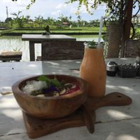dragon fruit smoothie bowl and a banana-papaya-mango smoothie for breakfast.  at Nook in Kerobokan Kelod