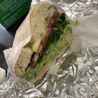Plain bagel with veggies and tofu spinach spread at 5 Borough Bagels in Clive