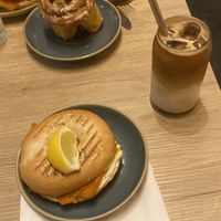Bagel, iced coffe + cinnamon roll   at Sazzy & Fran in East London