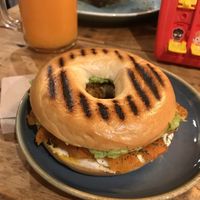 smoked “zalmon” bagel with cashew cream cheese at Sazzy & Fran in East London