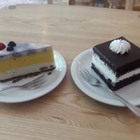 Cashew nut based cake (left. WZ cake (right) at Lokal Dela Krem in Warsaw