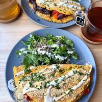 Vegan Greek omelette with feta, delicious. at Lokal Dela Krem in Warsaw