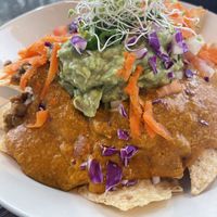 Nachos with “cheese” made of yams! #Veganuary at Greens Please Wellness Kitchen in Poway
