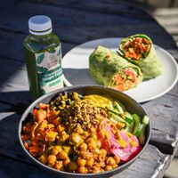 Harvest Bowl and Hummus Wrap at Greens Please Wellness Kitchen in Poway