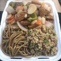 Vegan orange chicken, chow mein and fried rice at Wok N Roll in Long Beach