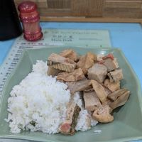 Taro, veggie fish slices and tofu puff in red fermented beancurd sauce with rice at Yat Sum Vegetarian - 一森素食 - Yau Ma Tei in Kowloon