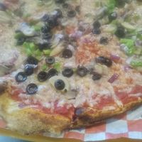 vegan pizza with veggie deluxe toppings at Russo's Kitchen and Bar in Zanesville