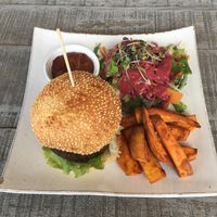 Nomad burger + fries at Vibe Cafe in Phnom Penh