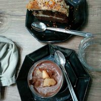 chocolate and pear mousse, and chocolate cake at Chez Vegetayelle and Co. in Toulouse