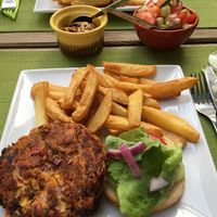 homemade vega burger with homemade frites! at Le Jardin de Froulay in Mayenne