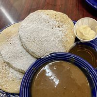 Flapjacks with vegan butter and a maple syrup peanut butter sauce  at Rosebud's Cafe in Jackson