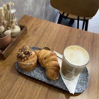 Cruffin, croissant, and latte  at VG Pâtisserie in Paris