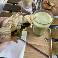 vegan chicken sandwich with eggplant and an oat milk iced matcha!  at VG Pâtisserie in Paris