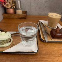 Pistachio left, chocolate patisserie and iced coffee right  at VG Pâtisserie in Paris
