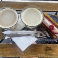 Iced lattes and la Nellie (raspberry cake)  at VG Pâtisserie in Paris