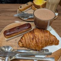 Croissant sandwich, eclair au chocolat, chocolat chaud at VG Pâtisserie in Paris