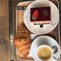 Dessert, croissant, and espresso at VG Pâtisserie in Paris