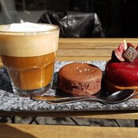 Cafe au lait, chocolate fondant (2,50€) and for the last thing (6€) I forgot the name but it was very good! at VG Pâtisserie in Paris